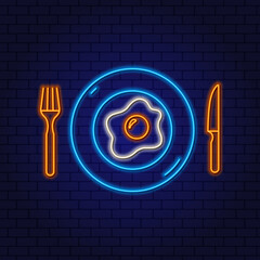Neon fried eggs on a plate. Glowing Neon Breakfast Menu Logo.