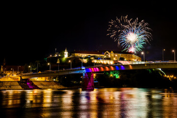 Novi Sad, Serbia - July 08, 2022: Fireworks in Novi Sad, Serbia. Opening of the Exit festival in Novi Sad.