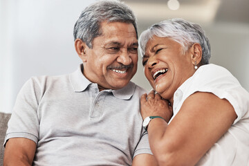 Love, relax and senior couple laughing at funny joke, enjoy quality time together or bond on home living room sofa. Retirement, smile and elderly man, woman or marriage people happy in house