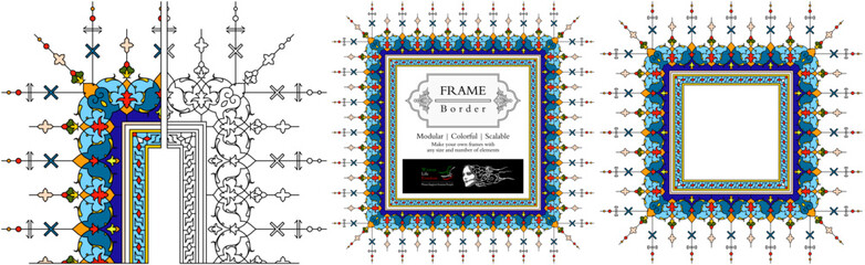 Frame mandala persian arabic turkish islamic hindi indian tibetan traditional colorful vector pattern texture vintage ornate retro elegant ornamental borders frames floral ornaments tazhib 08-v1 - obrazy, fototapety, plakaty