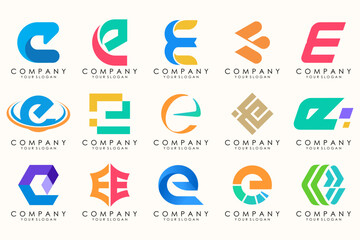 Abstract logos mega collection with letters E. Geometrical abstract logos