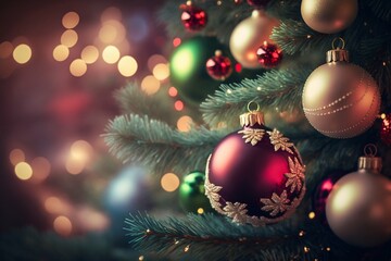 Christmas Tree with Baubles Ball Toys And Blurred Shiny Lights on Background. Generative AI