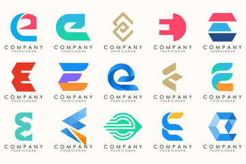 Abstract logos mega collection with letters E. Geometrical abstract logos