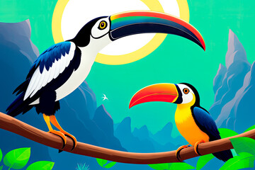 Naklejka premium Toucan sitting on the branch in the forest, digital painting art. Ramphastos sulfuratus, bird with big bill. Generative AI