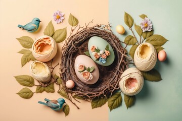 Easter Painted Eggs in Nest isolated. Generative AI
