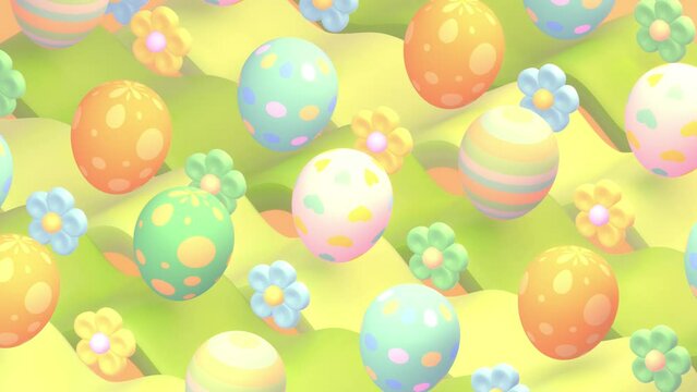 Looped cartoon rolling Easter eggs animation.
