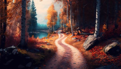 Fototapeta premium Path way through the autumnal forest.Generative AI