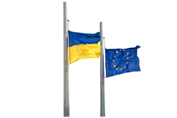 Flags of Ukraine and Europe on poles in PNG isolated on transparent background