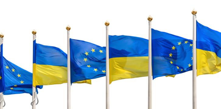 Ukraine and European Union flags on poles, Ukrainian flag in PNG isolated on transparent background - Powered by Adobe