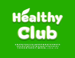 Vector eco Sign Healthy Club. White and Green bright Font. Creative Alphabet Letters, Numbers and Symbols