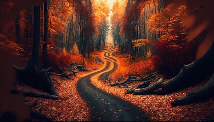 Path way through the autumnal forest.Generative AI