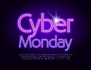 Vector neon Emblem Cyber Monday. Bright illuminated Font. Glowing  Alphabet Letters, Numbers and Symbols