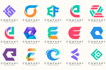 Abstract logos mega collection with letters E. Geometrical abstract logos