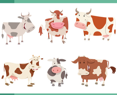 cartoon funny cows farm animal characters set