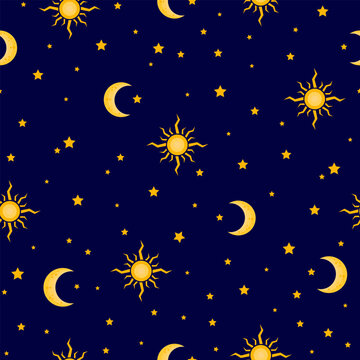 night sky seamless pattern. wizard pattern. magic pattern. sun,  moon, stars, crescent with blue background.  good for fabric, textile, pajama, sleep wear, night wear, fashion design, wallpaper.