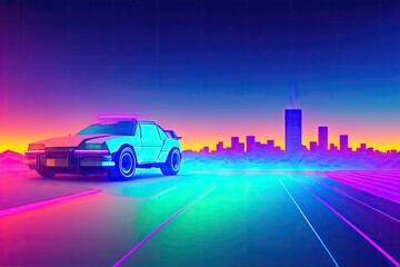 80s retro futuristic drive, vintage car. Synthwave sci-fi landscape. Retrowave style, night sky. Vaporwave. Generative AI