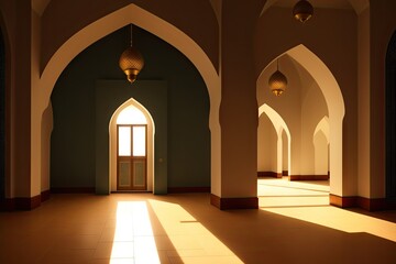 Fototapeta premium Islamic background painting. Mosque and shadows. Light rays from mosque window or door. Prayer's vision, generative ai. Muslim art.