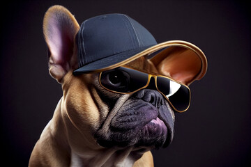 French Bulldog with cap and sunglasses. On dark background. Generative AI