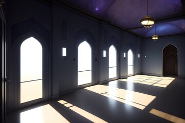 Obraz premium Islamic background painting. Mosque and shadows. Light rays from mosque window or door. Prayer's vision, generative ai. Muslim art.