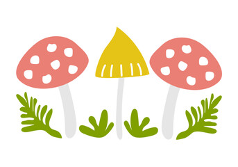 Poisonous mushrooms red fly and yellow grebes with green leaves .Flat cartoon style illustration .Children illustration