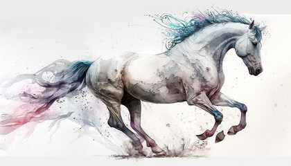 Fototapeta na wymiar Wild Horse run watercolor paint. Generative AI
