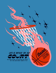 Basketball on fire in the hoop flying through the stars. Basketball typography silkscreen t-shirt print vector illustration.