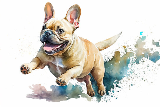 Cute and Happy French Bulldog run. Watercolor painting. Generative AI