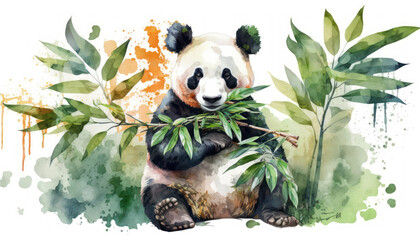 Fototapety  Cute panda eat bamboo. Generative AI