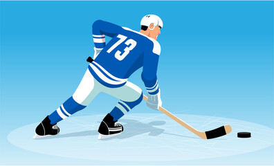 Obraz premium Hockey player in blue uniform dribbles the puck. Vector illustration