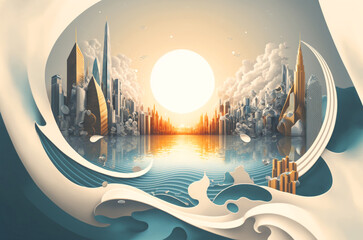 Calm modern abstract City Skyline near Waterfront Background Illustration, Generative AI
