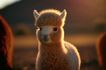 Fluffy baby alpaca, summer, dramatic light, sunlight. Generative AI.