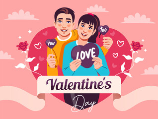 Cards for St. Valentines Day with young couples in love and romantic Concept. Illustration for banner, poster, card, postcard, landing page, label, sticker, blogging, and promotional materials.