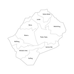 Lesotho political map of administrative divisions - districts. Handdrawn doodle style map with black outline borders and name labels.