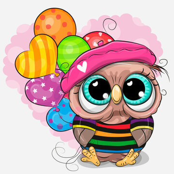 Cartoon Owl in a beret with colorful balloons