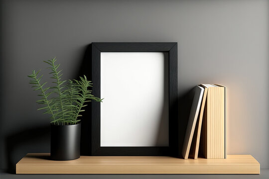 Black shelf with a wooden picture frame leaning against it. template for a blank mockup Background vertical. Generative AI