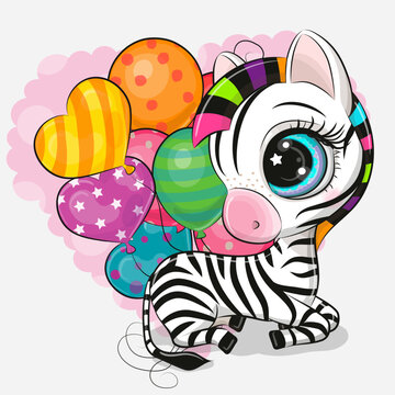 Cartoon Zebra with colorful balloons