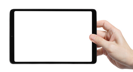 Hand holding black tablet cut out