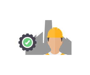 Heavy industry, engineering, engineer, construction industry logo design. Factory, manufacturing symbol. Man Quality control, maintenance, check in factory, warehouse vector design and illustration.

