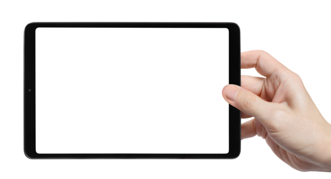 Hand holding black tablet cut out