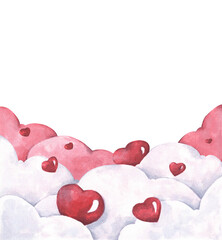 Red hearts shape on clouds. Illustration of love and valentine day. Watercolor illustration