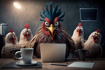 Angry rooster boss and four hens behind a laptop, office work concept. Generative AI