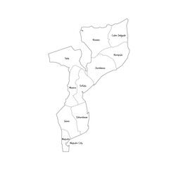Mozambique political map of administrative divisions - provinces and capital city of Maputo. Handdrawn doodle style map with black outline borders and name labels.