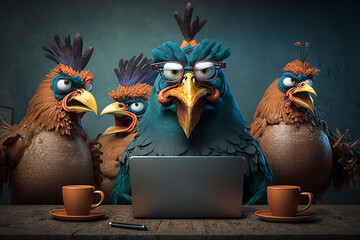 Fototapeta premium Angry rooster boss and three hens behind a laptop, office work concept. Generative AI