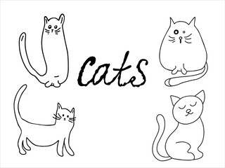 Vector set. Cute cats. Vector black and white hand-drawn doodles. Template design, clipart, logo, sketch.