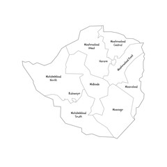 Zimbabwe political map of administrative divisions - provinces. Handdrawn doodle style map with black outline borders and name labels. - obrazy, fototapety, plakaty