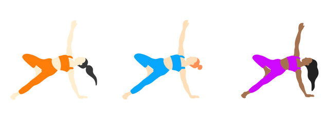 Yoga poses collection. European, African, asian. Female woman girl. Vector illustration in cartoon flat style isolated on white background.
