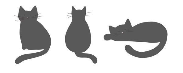 set of three vector cartoon gray cats isolated on transparent background