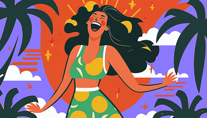 Obraz na płótnie Canvas happy joyful smiling shouting woman on pop art style tropical background new quality universal stock image wallpaper, generative ai