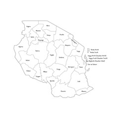Tanzania political map of administrative divisions - regions. Handdrawn doodle style map with black outline borders and name labels.