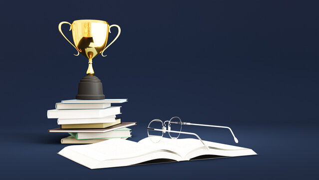 Golden trophy on wood table. 3D illustration render